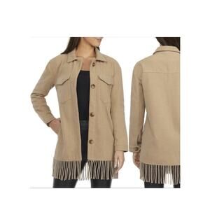 Laundry by Shelli Segal Fringe Trim Shacket Tan XL Boho Chic Western Hippie